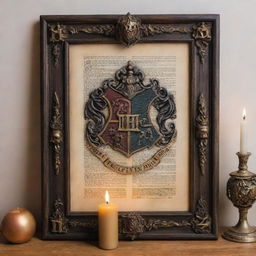 A decorative picture frame with a Harry Potter theme. The design includes elements such as the Hogwarts crest, a wand, a spellbook, and floating candles., casting a warm glow around the frame