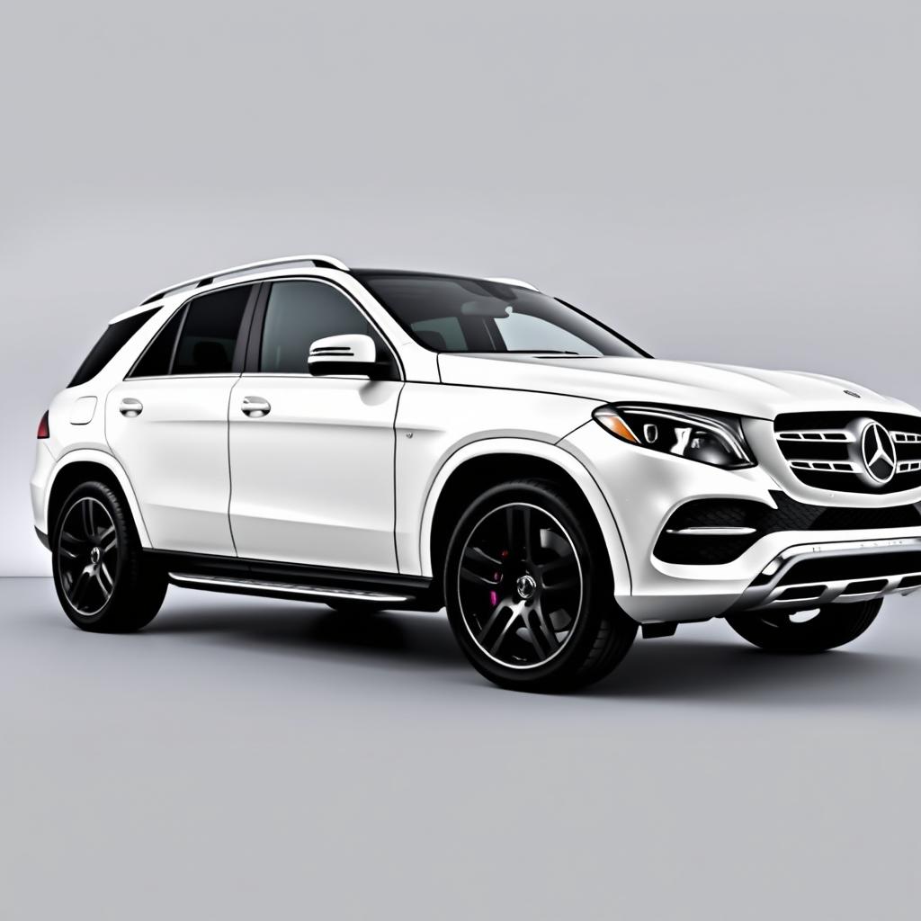 A stylish white Mercedes GLE SUV parked elegantly against a soft grey background, showcasing its sleek lines and modern design