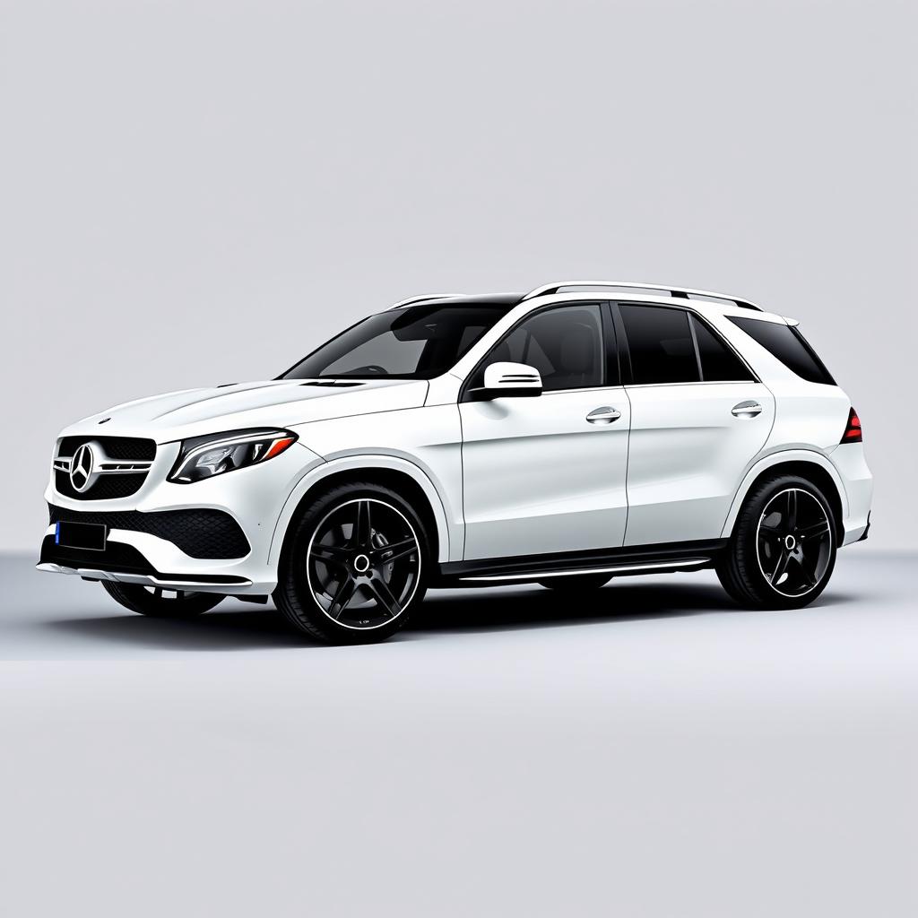 A stylish white Mercedes GLE SUV parked elegantly against a soft grey background, showcasing its sleek lines and modern design