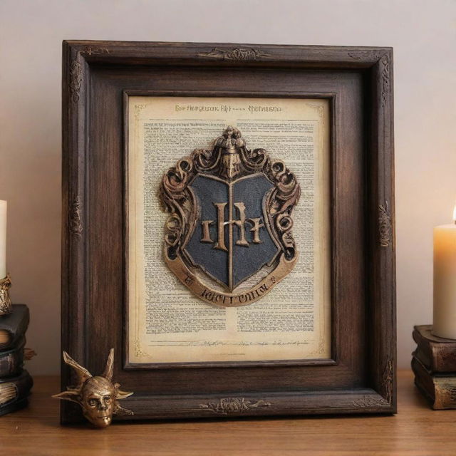 A decorative picture frame with a Harry Potter theme. The design includes elements such as the Hogwarts crest, a wand, a spellbook, and floating candles., casting a warm glow around the frame