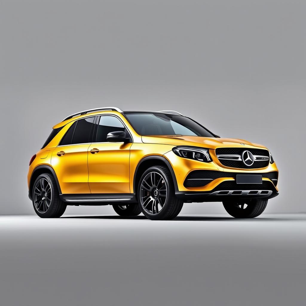 A stylish gold Mercedes GLE SUV parked elegantly against a soft grey background, showcasing its sleek lines and modern design