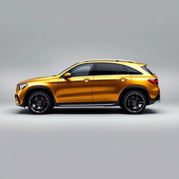 A stylish gold Mercedes GLE SUV parked elegantly against a soft grey background, showcasing its sleek lines and modern design