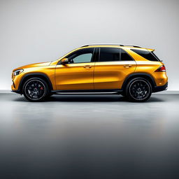 A stylish gold Mercedes GLE SUV parked elegantly against a soft grey background, showcasing its sleek lines and modern design