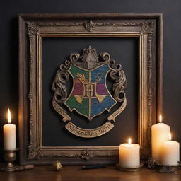 A decorative picture frame with a Harry Potter theme. The design includes elements such as the Hogwarts crest, a wand, a spellbook, and floating candles., casting a warm glow around the frame