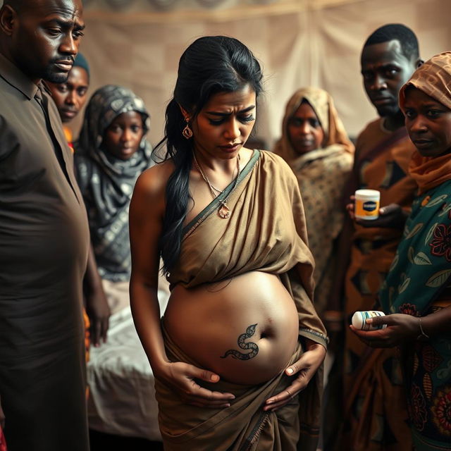 A worried and exhausted young pregnant Indian woman in a saree, heavily sweating and appearing distressed