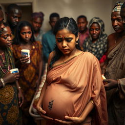 A worried and exhausted young pregnant Indian woman in a saree, heavily sweating and appearing distressed