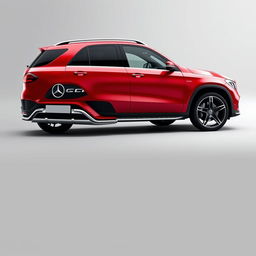 A stylish red Mercedes GLE SUV parked elegantly against a soft grey background, showcasing its sleek lines and modern design