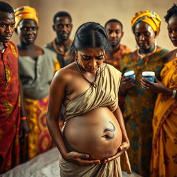 A worried and exhausted young pregnant Indian woman in a saree, heavily sweating and showing signs of distress