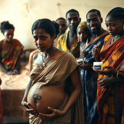 A worried and exhausted young pregnant Indian woman in a saree, heavily sweating and showing signs of distress