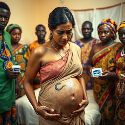 A worried and exhausted young pregnant Indian woman in a saree, heavily sweating and showing signs of distress