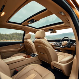 The luxurious interior of a gold Mercedes GLE, featuring elegant beige leather upholstery that provides a warm and inviting atmosphere