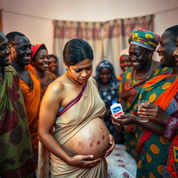 A young pregnant Indian woman in a saree, looking worried and exhausted, heavily sweating with bruises visible on her skin