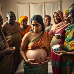 A young pregnant Indian woman in a saree, looking worried and exhausted, heavily sweating with bruises visible on her skin