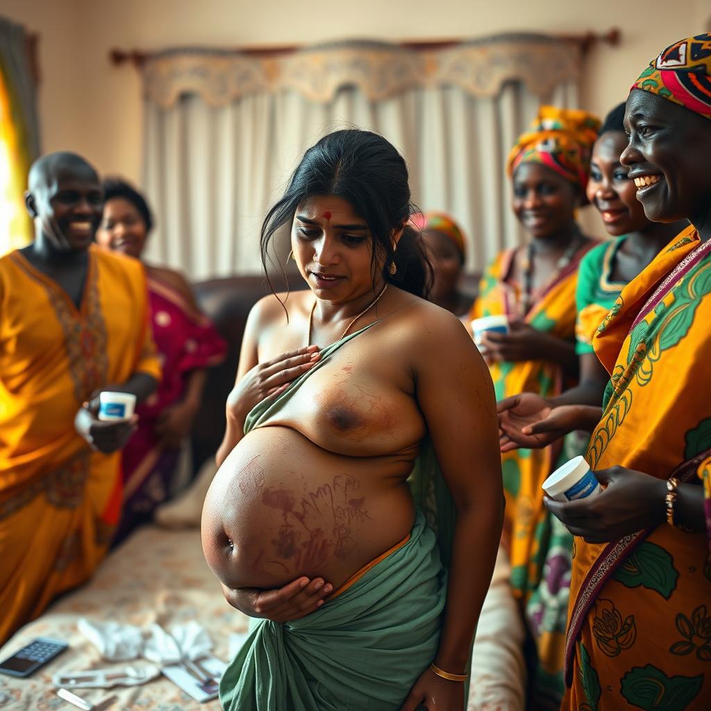 A young pregnant Indian woman in a saree, looking worried and exhausted, heavily sweating with bruises visible on her skin