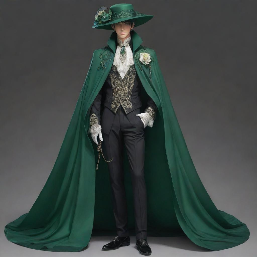 Modify the male character to exude greater elegance and mystery. He's wearing a lavish veil connected to a hat, both with dark green accents, drawn in a full-body anime style.