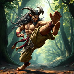 A fierce satyr martial artist in mid-action, showcasing dynamic fighting poses, with muscular build and goat-like legs