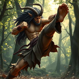 A fierce satyr martial artist in mid-action, showcasing dynamic fighting poses, with muscular build and goat-like legs