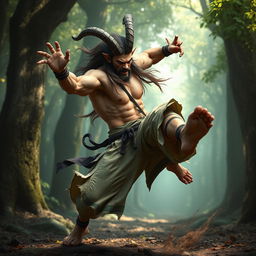 A fierce satyr martial artist in mid-action, showcasing dynamic fighting poses, with muscular build and goat-like legs