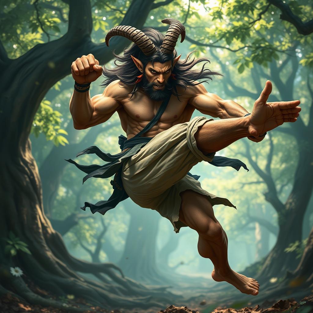 A fierce satyr martial artist in mid-action, showcasing dynamic fighting poses, with muscular build and goat-like legs