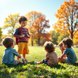 A heartfelt scene depicting a determined child standing confidently in a bright, sunlit park, engaging with a group of discouraged children sitting on a grassy patch