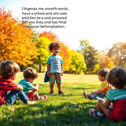 A heartfelt scene depicting a determined child standing confidently in a bright, sunlit park, engaging with a group of discouraged children sitting on a grassy patch