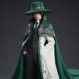 Modify the male character to exude greater elegance and mystery. He's wearing a lavish veil connected to a hat, both with dark green accents, drawn in a full-body anime style.