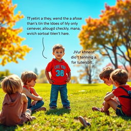 A heartfelt scene depicting a determined child standing confidently in a bright, sunlit park, engaging with a group of discouraged children sitting on a grassy patch