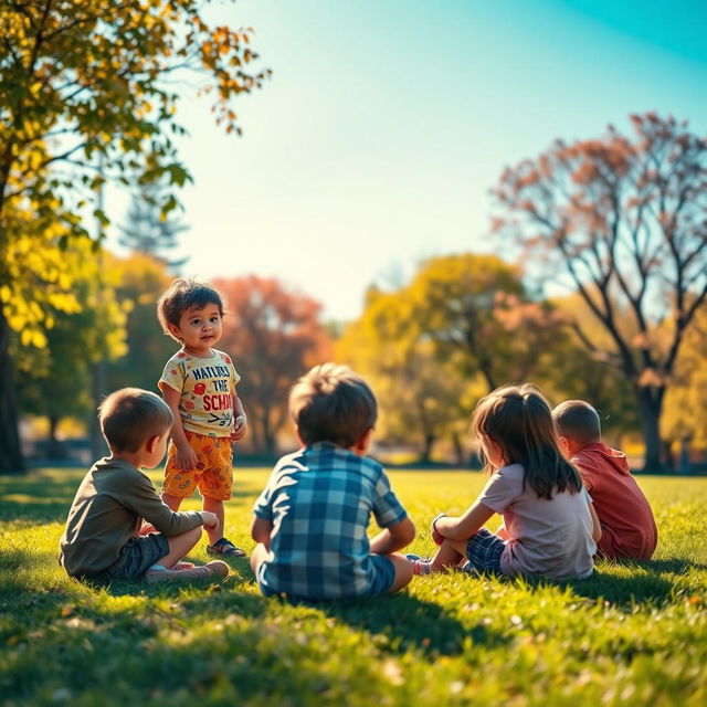 A heartfelt scene depicting a determined child standing confidently in a bright, sunlit park, engaging with a group of discouraged children sitting on a grassy patch