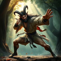 A fierce satyr martial artist wearing a long-sleeve shirt, in mid-action showcasing powerful fighting stances