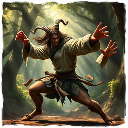 A fierce satyr martial artist wearing a long-sleeve shirt, in mid-action showcasing powerful fighting stances