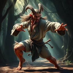 A fierce satyr martial artist wearing a long-sleeve shirt, in mid-action showcasing powerful fighting stances