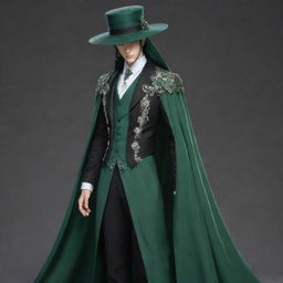 Modify the male character to exude greater elegance and mystery. He's wearing a lavish veil connected to a hat, both with dark green accents, drawn in a full-body anime style.