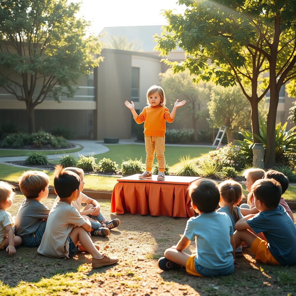 A compelling scene depicting a hopeful child standing on a small stage, passionately addressing a circle of disheartened children sitting on the ground