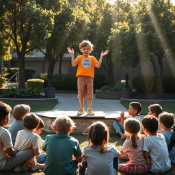 A compelling scene depicting a hopeful child standing on a small stage, passionately addressing a circle of disheartened children sitting on the ground