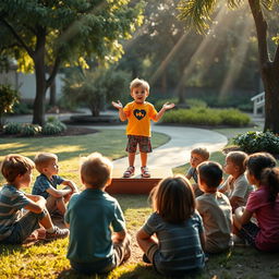 A compelling scene depicting a hopeful child standing on a small stage, passionately addressing a circle of disheartened children sitting on the ground