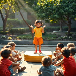 A compelling scene depicting a hopeful child standing on a small stage, passionately addressing a circle of disheartened children sitting on the ground