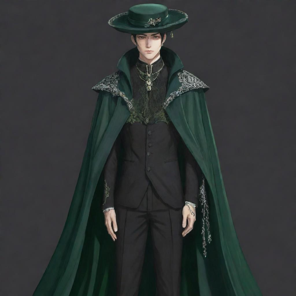 Modify the male character to exude greater elegance and mystery. He's wearing a lavish veil connected to a hat, both with dark green accents, drawn in a full-body anime style.