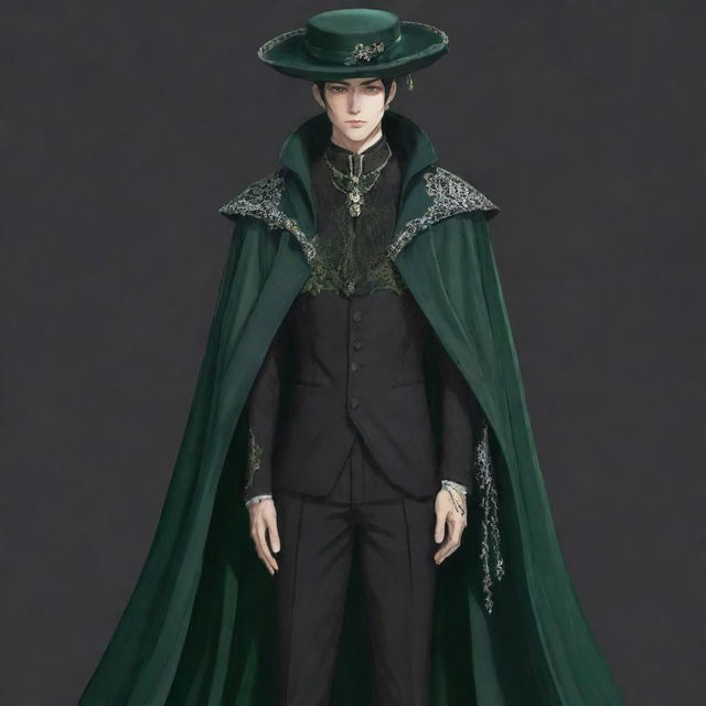 Modify the male character to exude greater elegance and mystery. He's wearing a lavish veil connected to a hat, both with dark green accents, drawn in a full-body anime style.