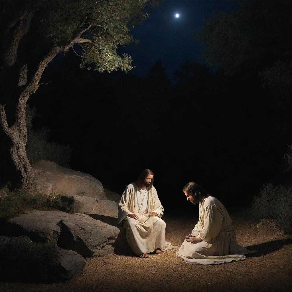 Jesus Christ in the Garden of Gethsemane at night, comforted by an angel while he faces his impending Passion. The soft, divine glow illuminates the compassionate interaction between them amidst the serene, yet foreboding, nocturnal scene.