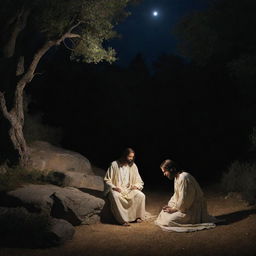 Jesus Christ in the Garden of Gethsemane at night, comforted by an angel while he faces his impending Passion. The soft, divine glow illuminates the compassionate interaction between them amidst the serene, yet foreboding, nocturnal scene.