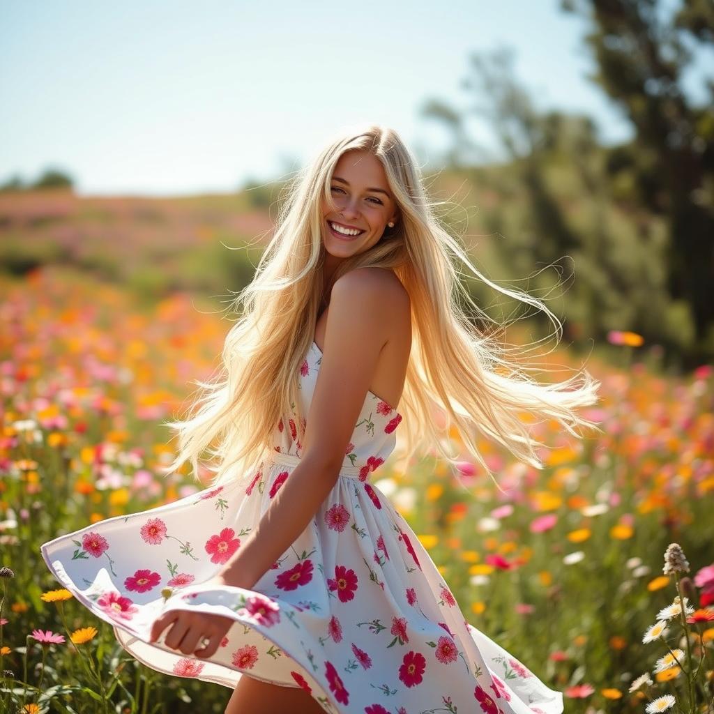 A beautiful young woman with long, flowing blonde hair, wearing a stylish summer dress, standing in a sun-drenched field of wildflowers