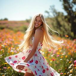 A beautiful young woman with long, flowing blonde hair, wearing a stylish summer dress, standing in a sun-drenched field of wildflowers