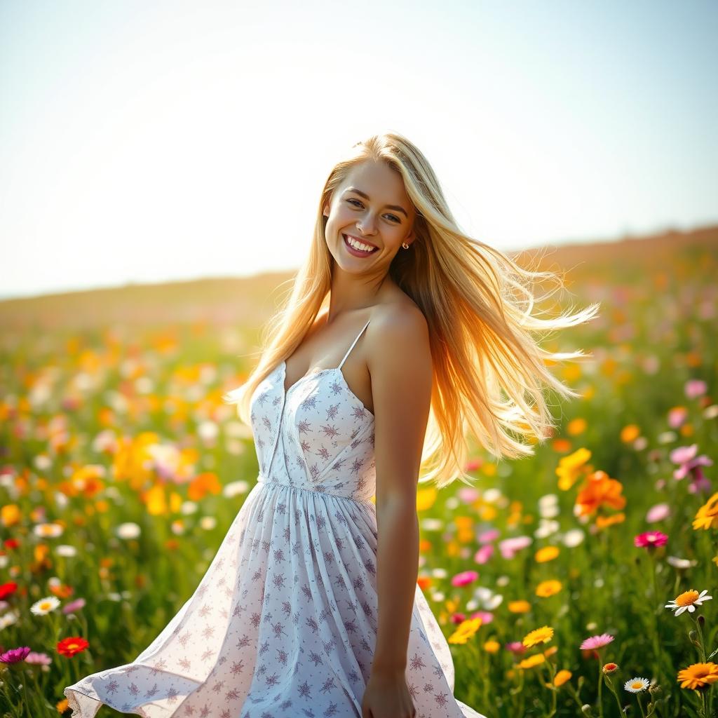 A beautiful young woman with long, flowing blonde hair, wearing a stylish summer dress, standing in a sun-drenched field of wildflowers