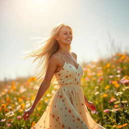 A beautiful young woman with long, flowing blonde hair, wearing a stylish summer dress, standing in a sun-drenched field of wildflowers