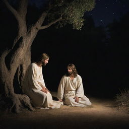 Jesus Christ in the Garden of Gethsemane at night, comforted by an angel while he faces his impending Passion. The soft, divine glow illuminates the compassionate interaction between them amidst the serene, yet foreboding, nocturnal scene.