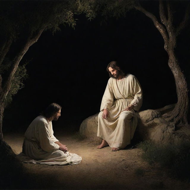 Jesus Christ in the Garden of Gethsemane at night, comforted by an angel while he faces his impending Passion. The soft, divine glow illuminates the compassionate interaction between them amidst the serene, yet foreboding, nocturnal scene.