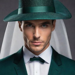 Enhance the male character, highlighting his sophistication. His face is hidden under a luxurious veil, intricately connected to a hat, both featuring dark green accents, portraying his elegance.