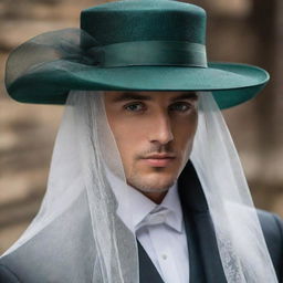 Enhance the male character, highlighting his sophistication. His face is hidden under a luxurious veil, intricately connected to a hat, both featuring dark green accents, portraying his elegance.