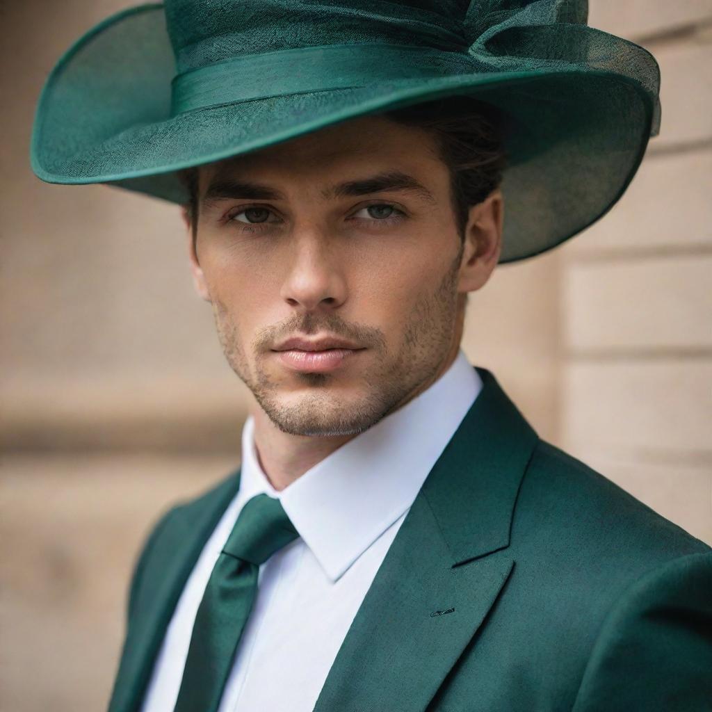 Enhance the male character, highlighting his sophistication. His face is hidden under a luxurious veil, intricately connected to a hat, both featuring dark green accents, portraying his elegance.