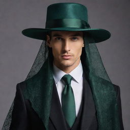 Enhance the male character, highlighting his sophistication. His face is hidden under a luxurious veil, intricately connected to a hat, both featuring dark green accents, portraying his elegance.